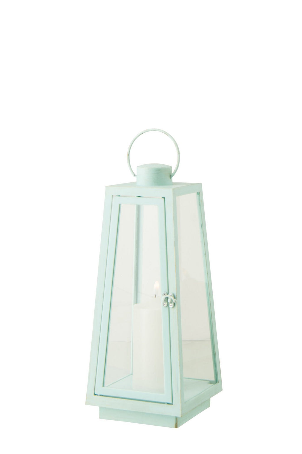 J-Line lantaarn + kaars - glas - turkoois - M - LED lichtjes