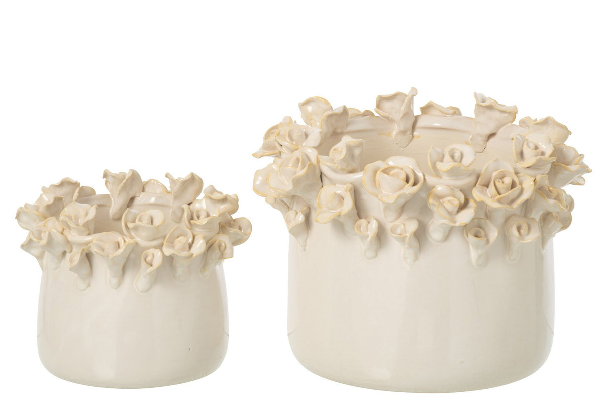 J-Line Bloempot met rozen - keramiek - ecru - large