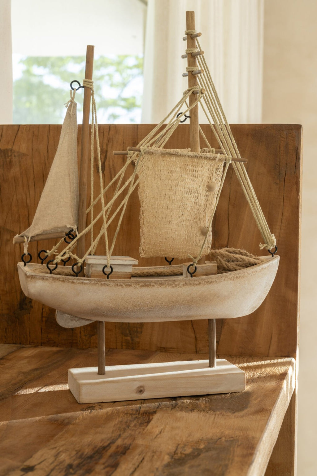 J-Line decoratie Boot Witkalk - hout/touw - naturel