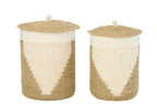 J-Line mand + deksel - ijzer/papier - wit/naturel - set van 2