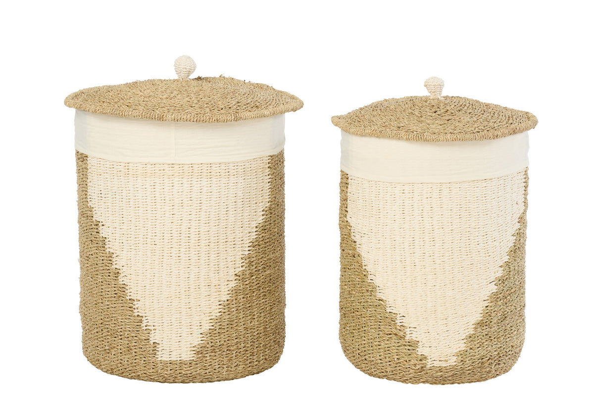 J-Line mand + deksel - ijzer/papier - wit/naturel - set van 2
