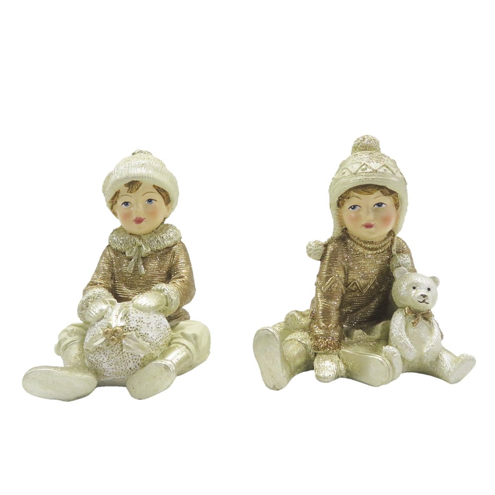 Beeld Set van 2 Kinderen 9 cm Beige Goudkleurig Kunststof