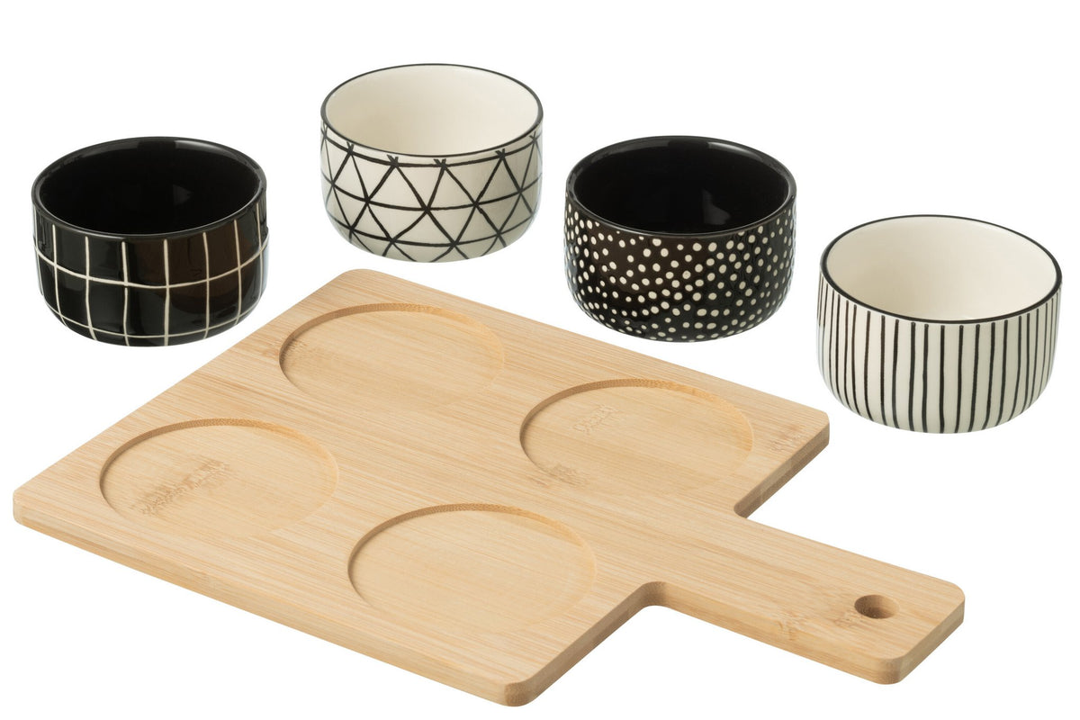 J-Line Tapasservies 4 Sets + Bambouschaal In Doos Zwart/Wit