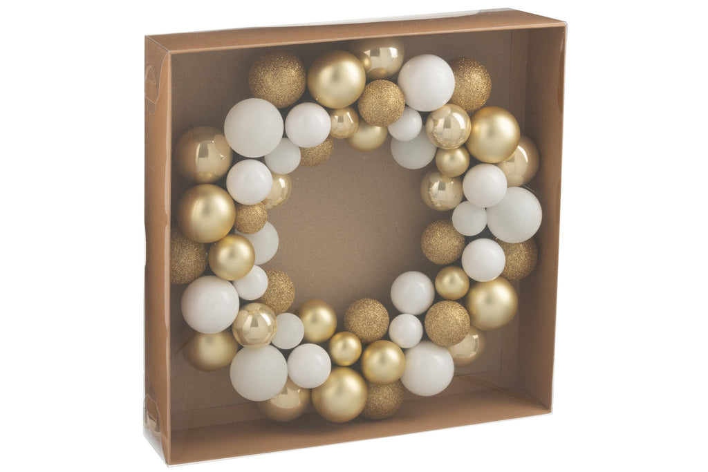 J-Line decoratie Krans Kerstbal - kunststof - wit/goud