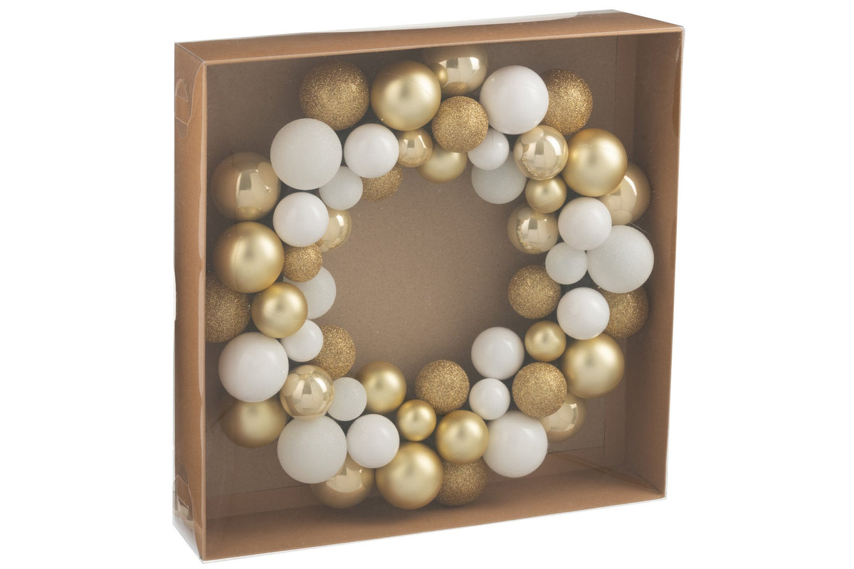 J-Line decoratie Krans Kerstbal - kunststof - wit/goud