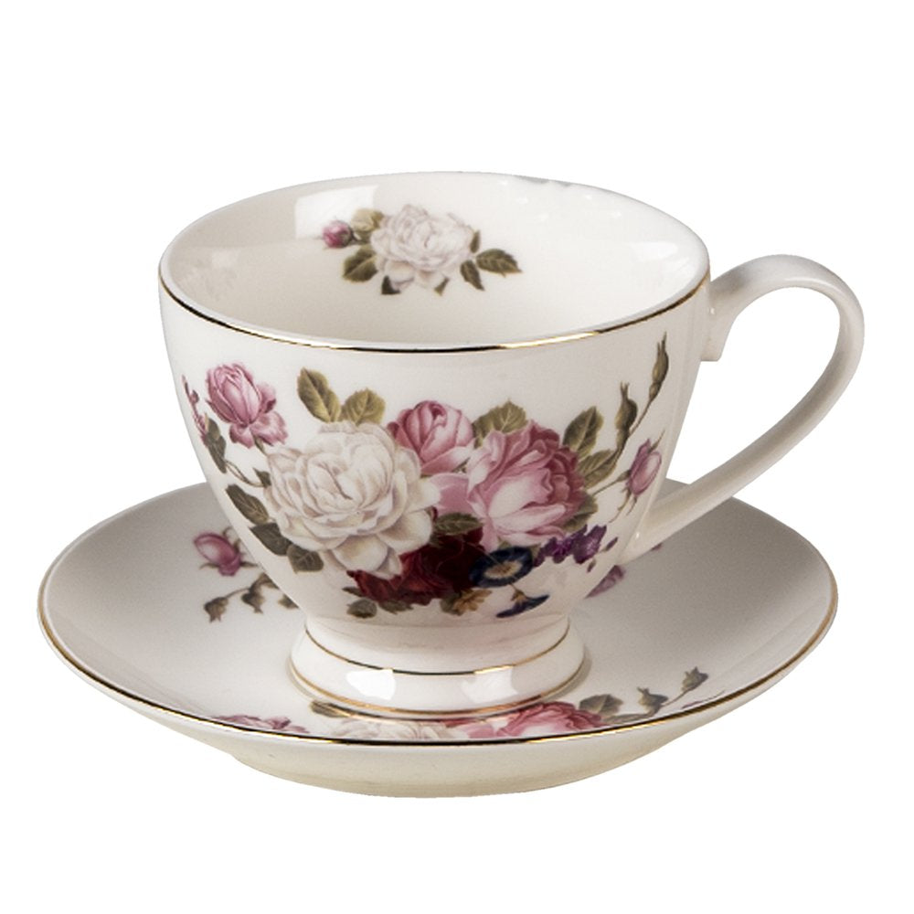 Kop en Schotel 200 ml Wit Porselein Bloemen Servies