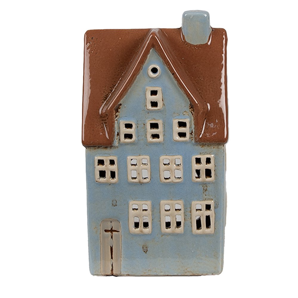 Waxinelichthouder Huis 11x8x20 cm Blauw Bruin Keramiek Theelichthouder