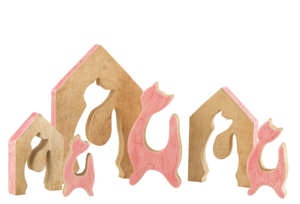 J-Line decoratie Huis Kat - hout - roze/naturel - large