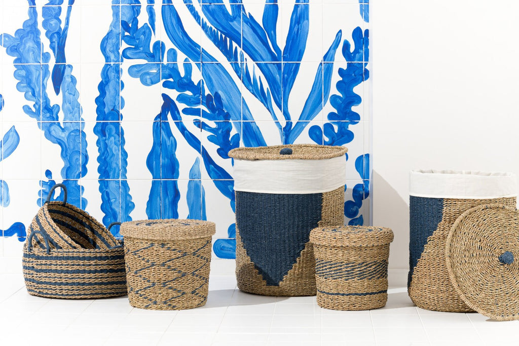 J-Line mand + deksel - ijzer/papier - blauw/naturel - set van 2
