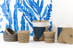 J-Line mand + deksel - ijzer/papier - blauw/naturel - set van 2