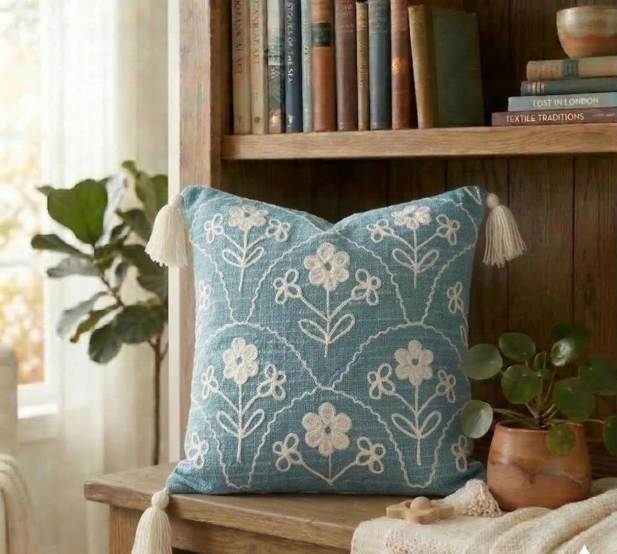 Boho geborduurde kussenhoes – decoratieve kussensloop – slubkatoen, kwastjes – 40x40 cm