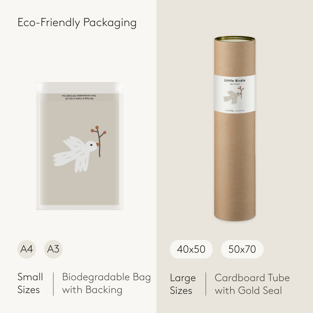 Gestippelde vogelposter - geel, ecopapier en verpakking