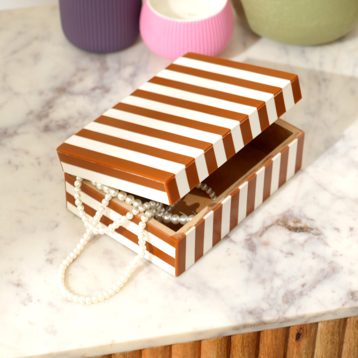 Bruin gestreepte hars opbergdoos MDF decoratieve organisator