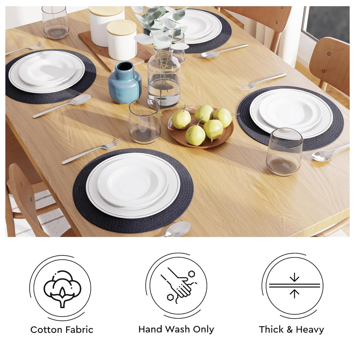 Eettafelmatten – geribbeld katoen – 32 cm rond, set van 4