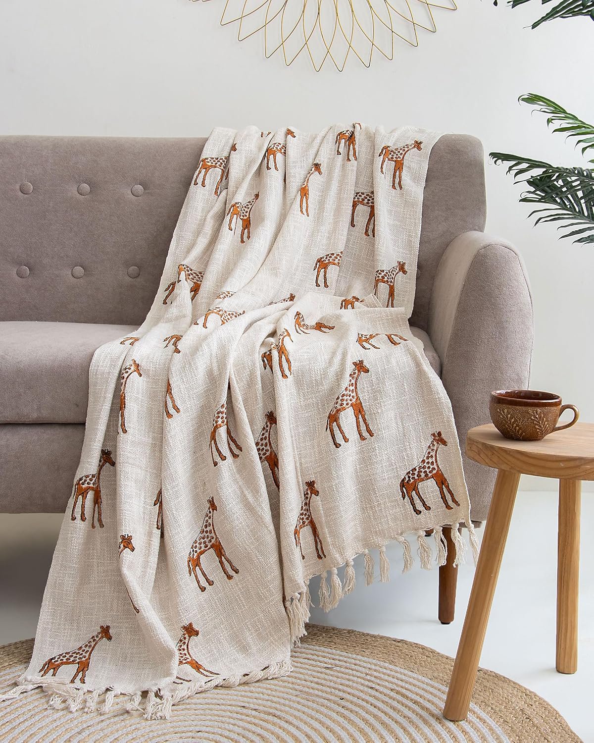 Deken met giraffeprint – 100% katoenen bank- en bedovertrek – met kwastjes – 50x70 inch
