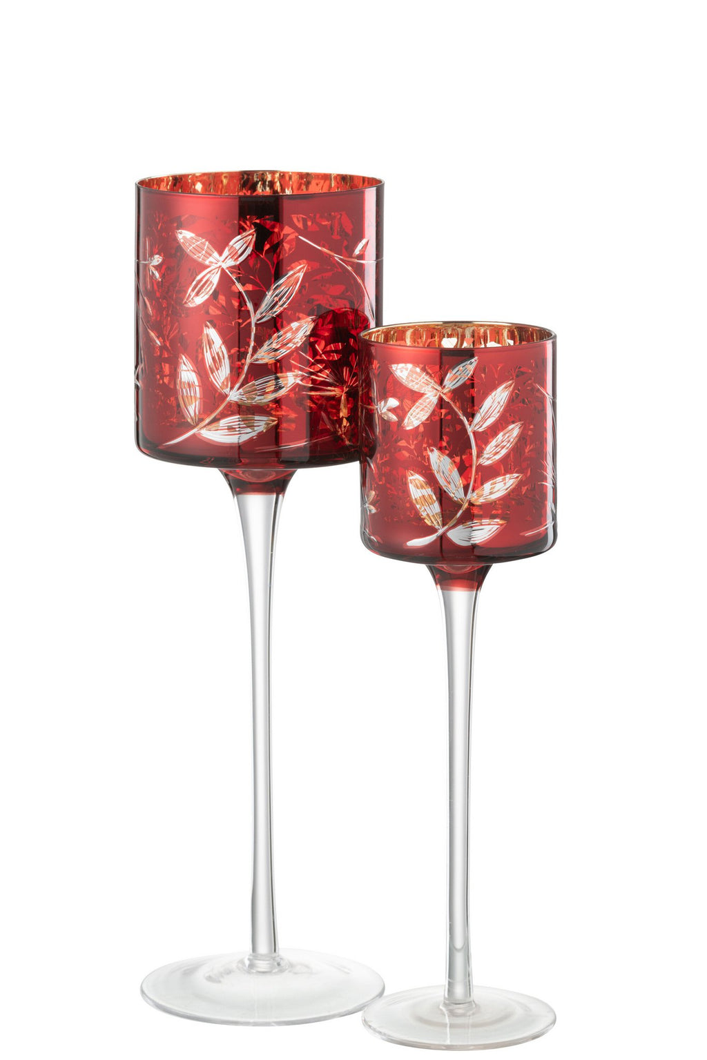 J-Line theelichthouder Op Voet Blaadjes - glas - rood/goud - large