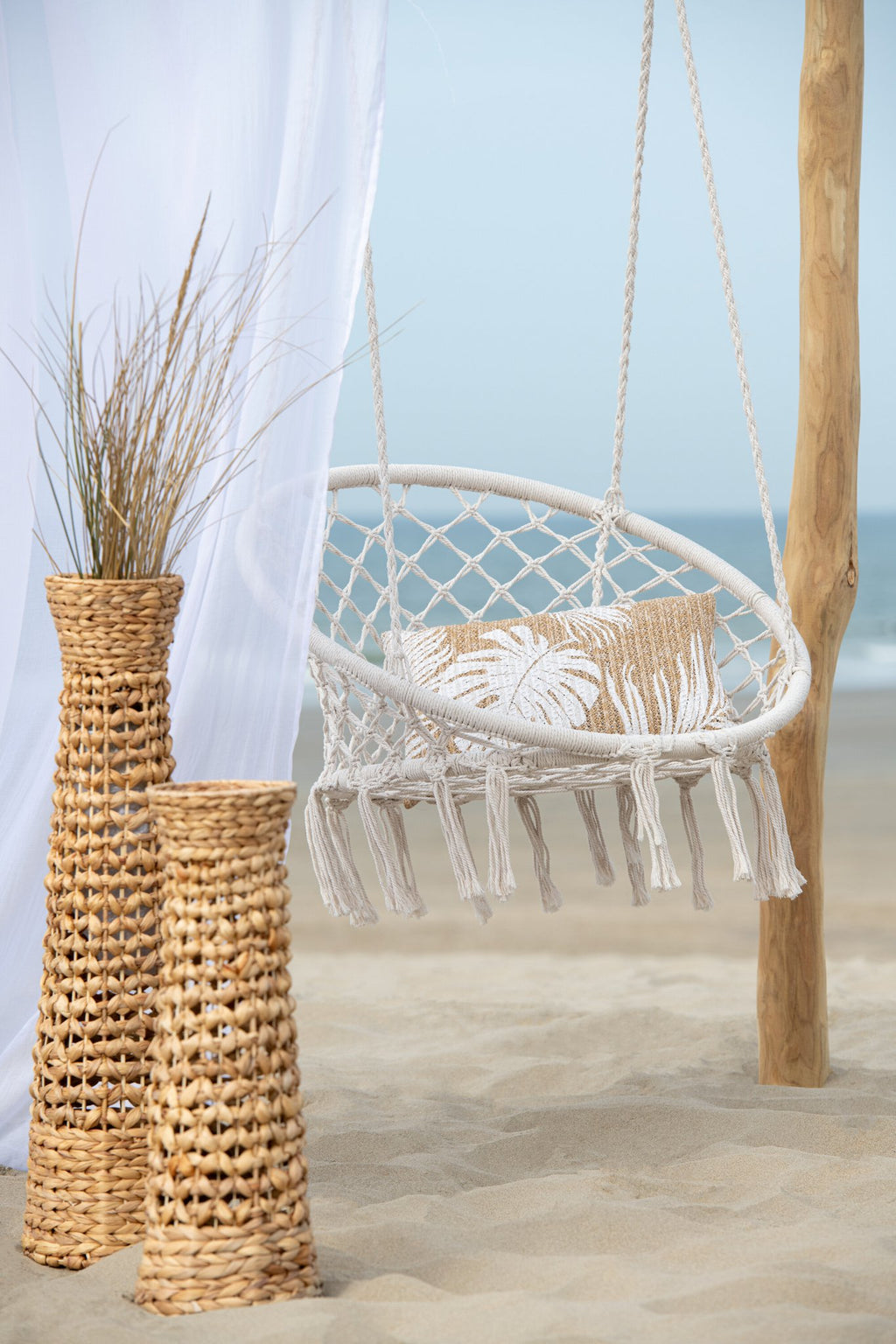 J-Line hangstoel Macramé + Kwastjes - polyester - beige