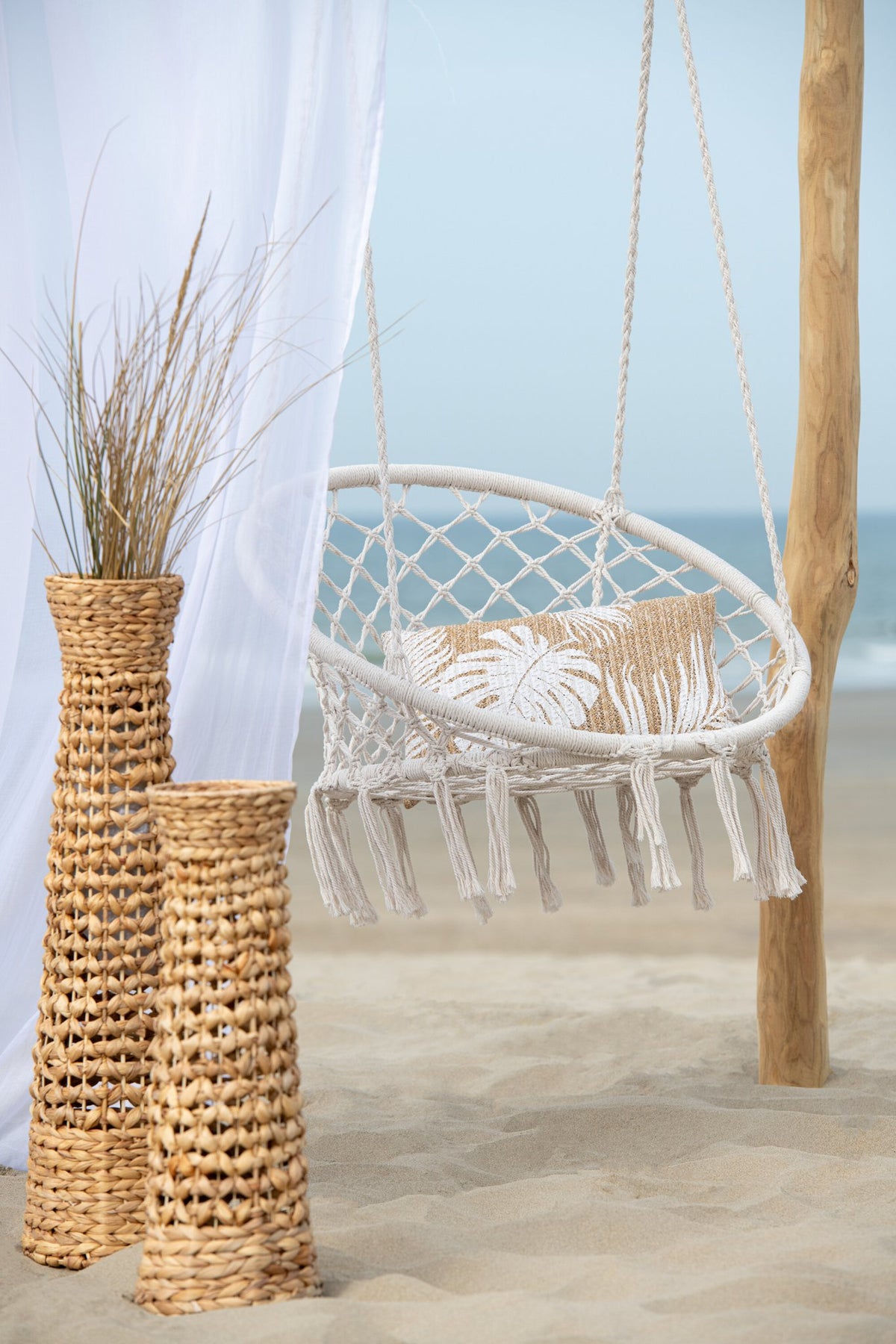 J-Line hangstoel Macramé + Kwastjes - polyester - beige
