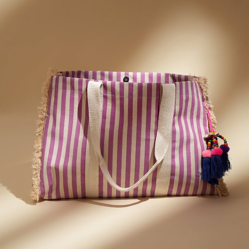 Tote Bag - Boho Gestreepte Canvas Strandtas – Grote Milieuvriendelijke Herbruikbare (54 x 18 x 34 cm)
