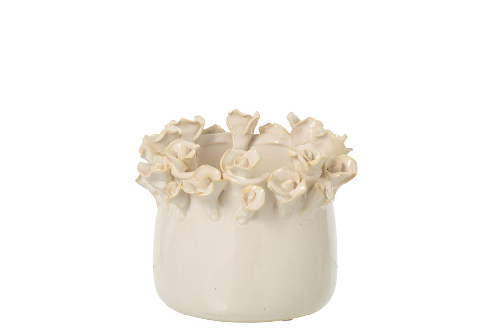 J-Line Bloempot met rozen - keramiek - ecru - small