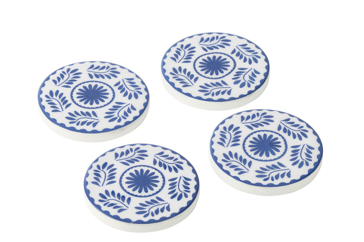 J-Line onderzetter Bloemen - hout - blauw/wit - set van 4