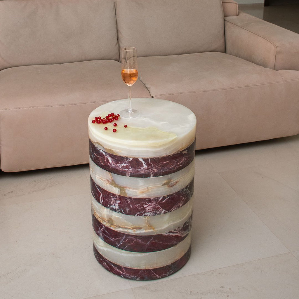 Salontafel rood marmer en witte onyx
