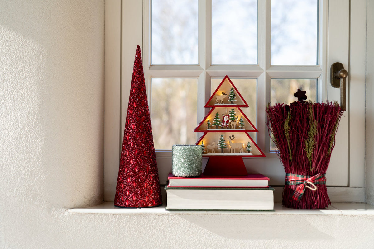 J-Line decoratie Kegel - ijzer/kralen - kerstrood - set van 2