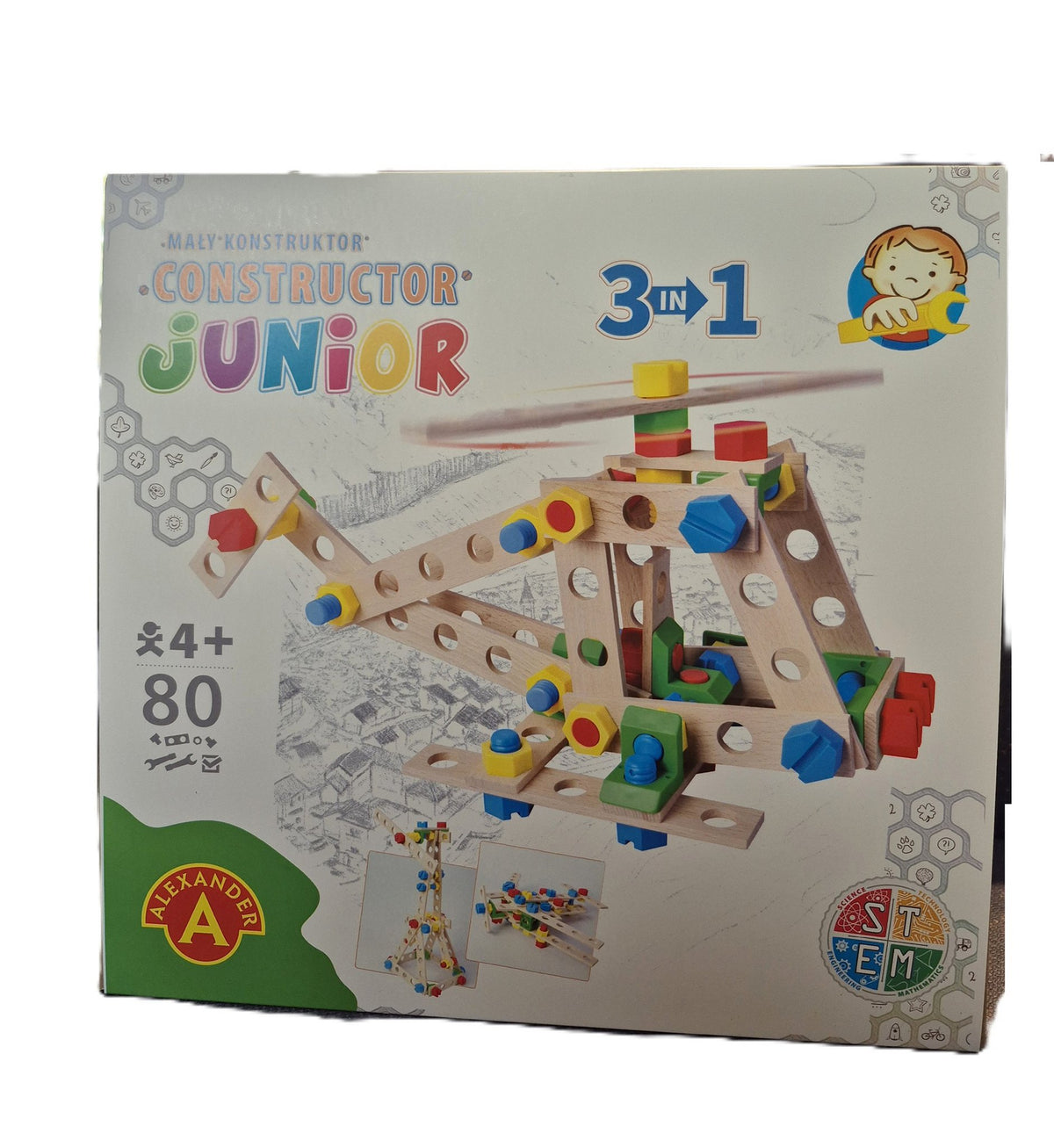 Constructieset Constructor Junior Helikopter 3 in 1 van hout- 80 onderdelen