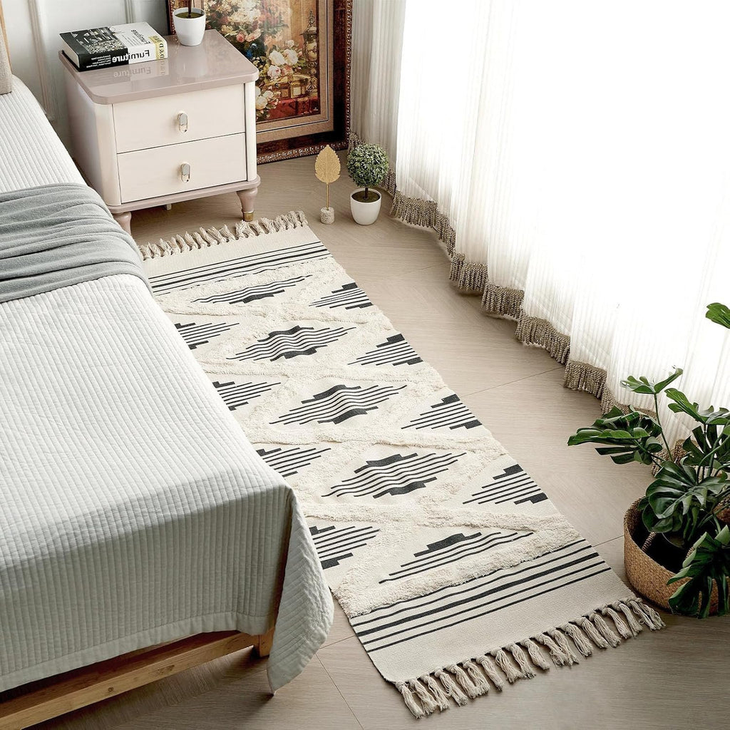 Handgeweven katoenen vloerkleed – zwart zigzagpatroon – 60x152 cm