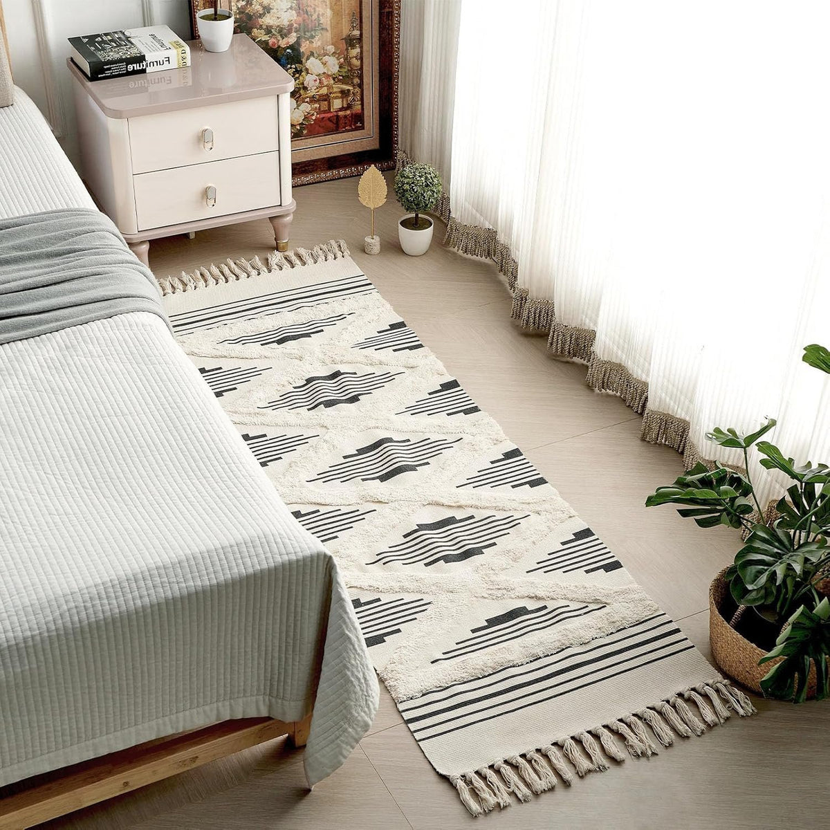 Handgeweven katoenen vloerkleed – zwart zigzagpatroon – 60x152 cm