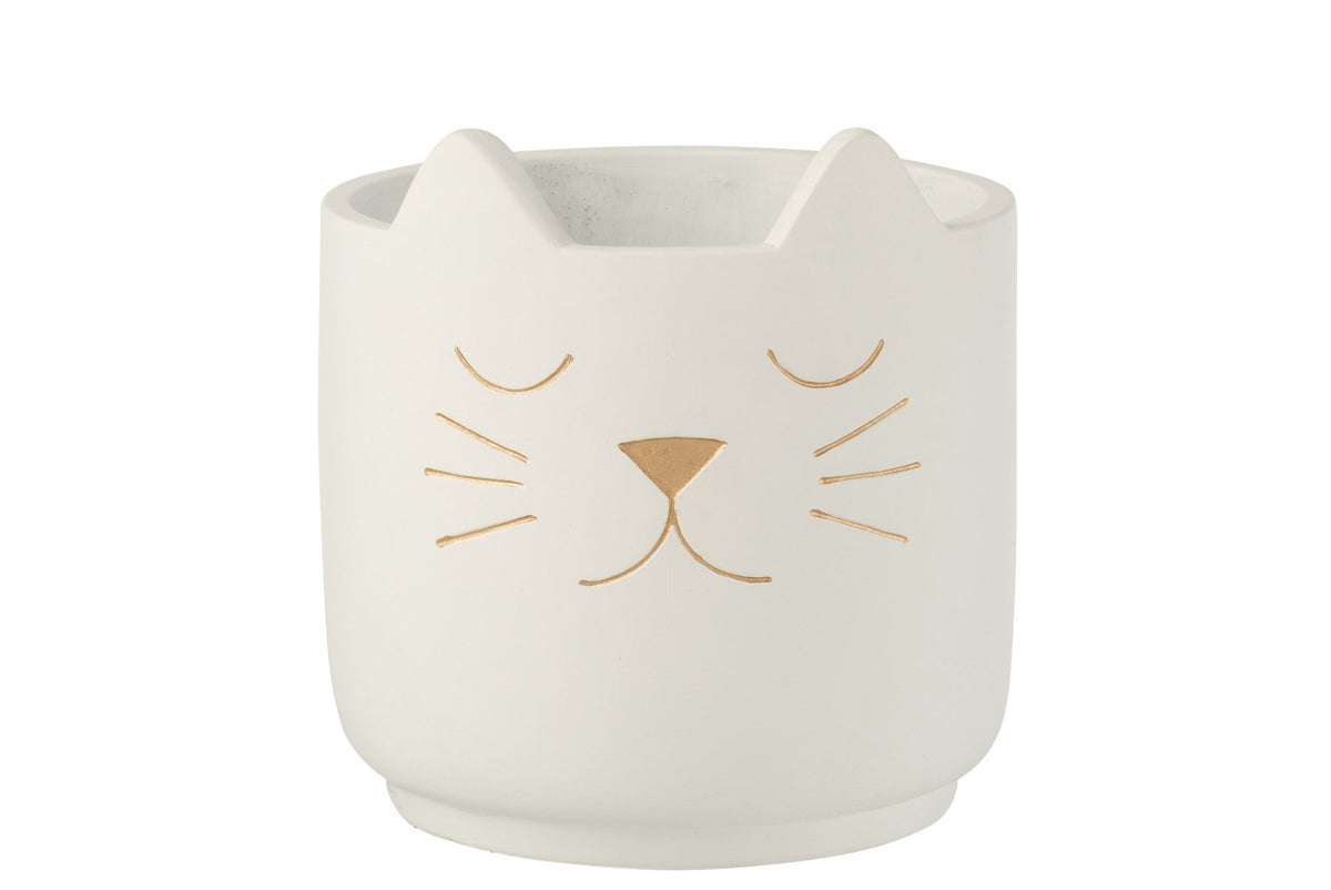 J-Line bloempot Kat - cement - wit/goud - large - Ø 19 cm