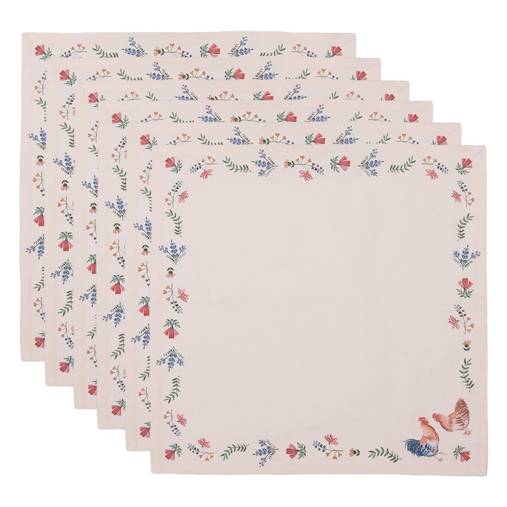 Servetten Katoen Set van 6 40x40 cm Beige Blauw Katoen Kip en Haan Servet Stof