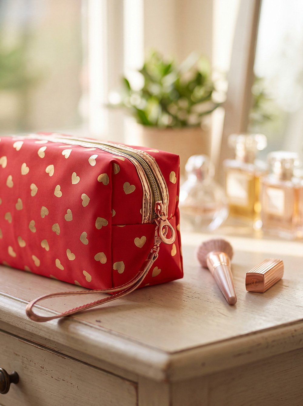 Toilettas Dames 18x10 cm Rood Goudkleurig Polyurethaan Hartjes