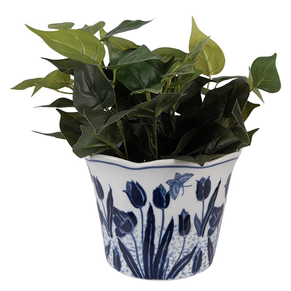 Bloempot Ø 17x15 cm Wit Blauw Keramiek