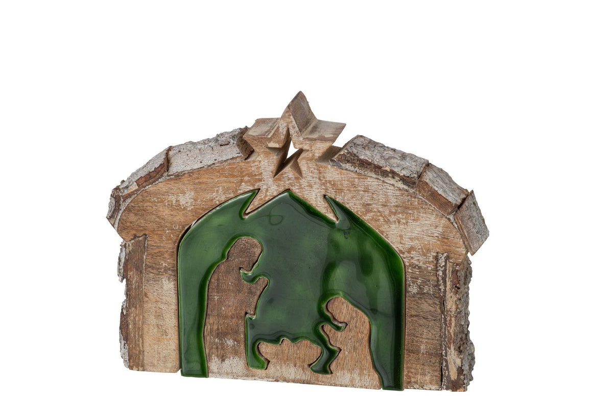 J-Line Kerststal met schors - mangohout - naturel/donkergroen - medium