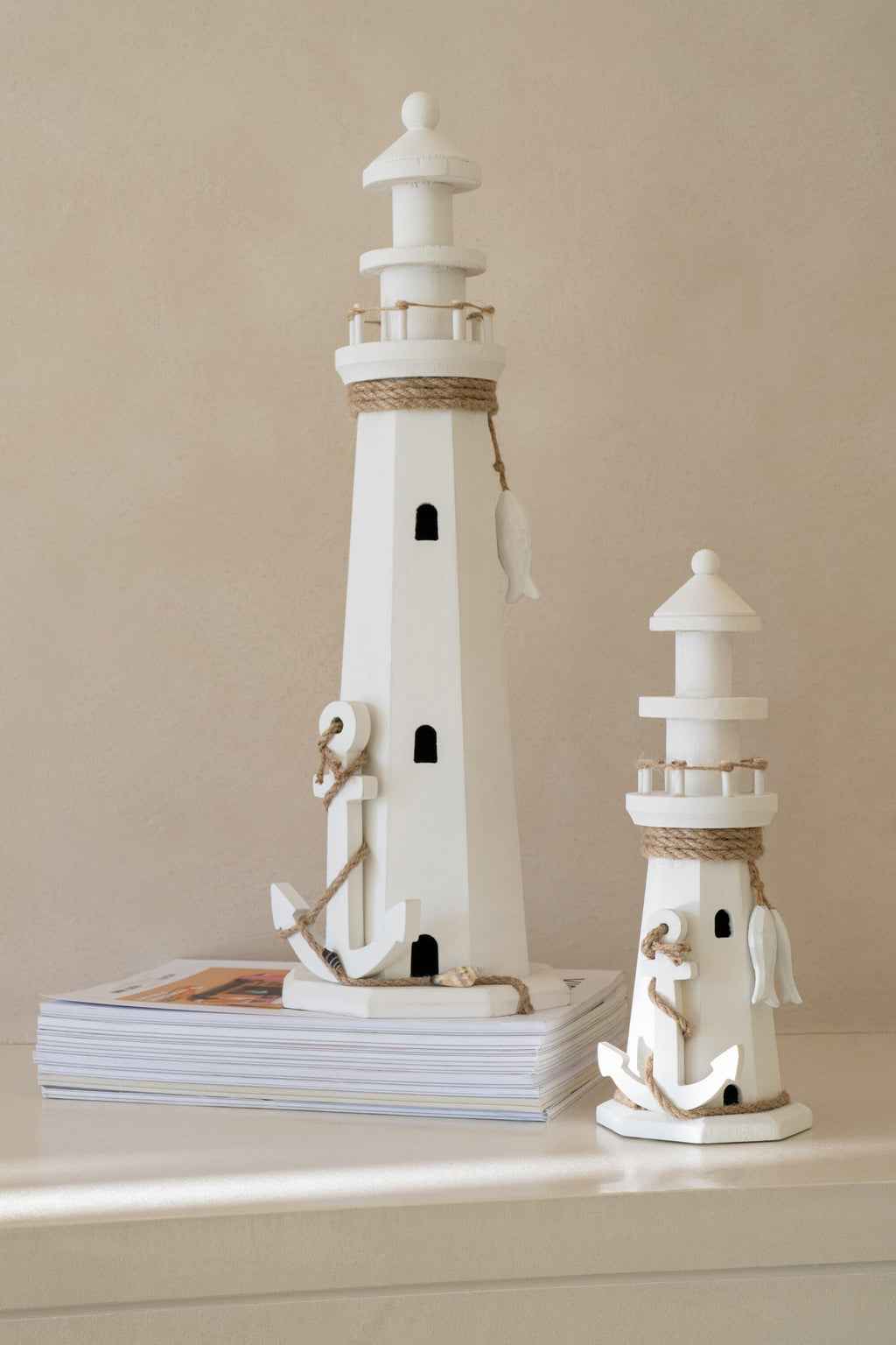 J-Line decoratie Vuurtoren - hout/touw - wit - L