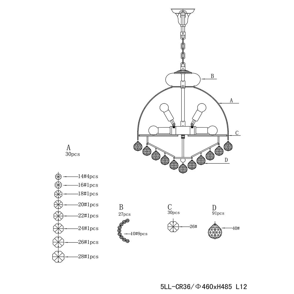 Kroonluchter Ø 48x55/180 cm Transparant IJzer Hanglamp