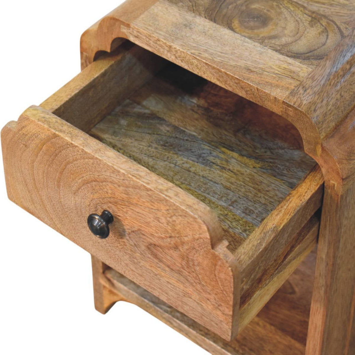 Massief houten Newton mini-nachtkastje in eikenhout, 1 lade en open plank, beige