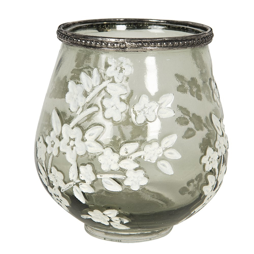 Theelichthouder Ø 12x13 cm Groen Wit Glas Bloemen Waxinelichthouder
