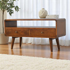 Massief mangohout gebogen kastanje mediameubel met 2 lades, open opbergruimte en Scandinavische poten | Kastanje Afwerking | 90x35x47 cm