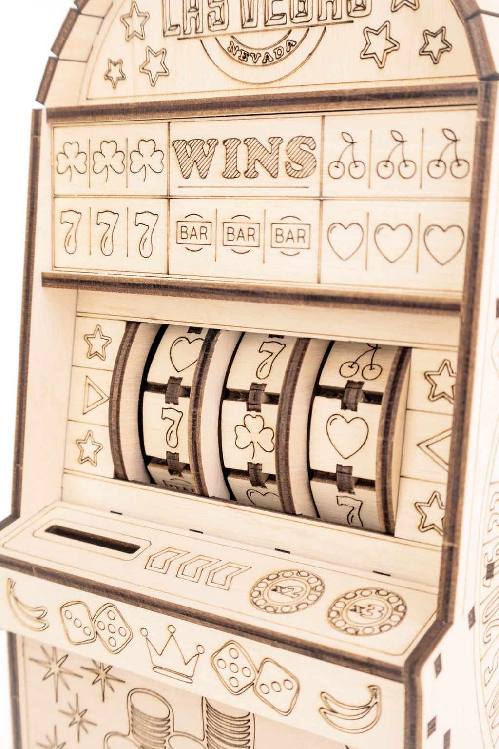 Eco Wood Art (EWA) DIY 3D Mechanische Houten Puzzel, One-Armed Bandit (met spaarpot), 4585, 13,6x11,7x25,3cm
