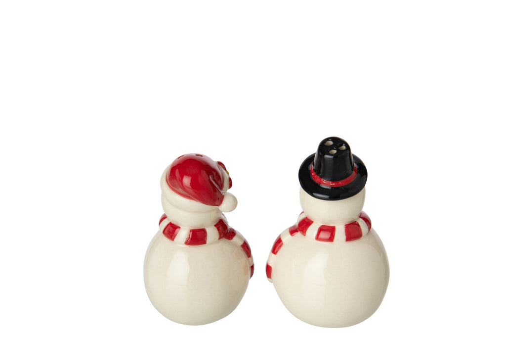 J-Line Peper-en-zoutstel sneeuwpop - steengoed - wit/kerstrood