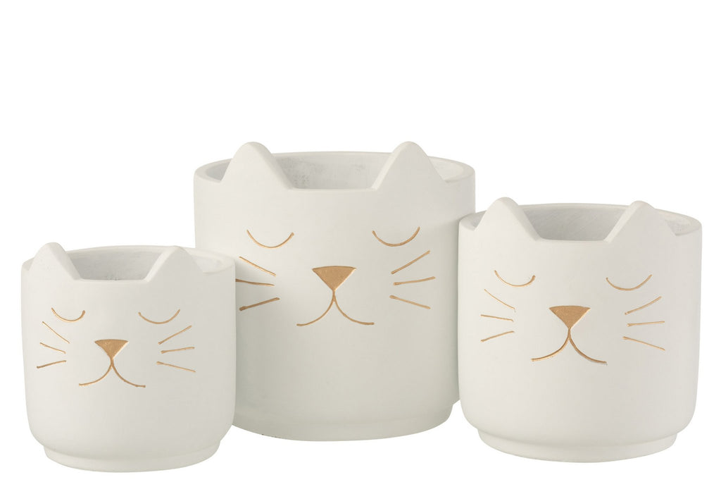 J-Line bloempot Kat - cement - wit/goud - large - Ø 19 cm