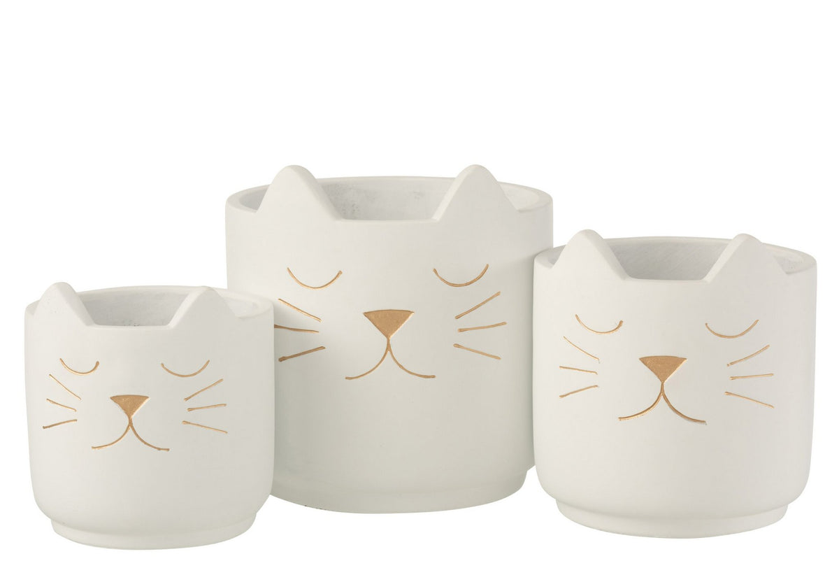 J-Line bloempot Kat - cement - wit/goud - large - Ø 19 cm
