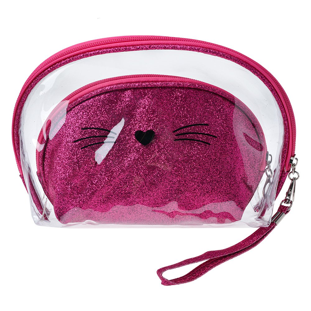 Toilettas Dames Set van 2 24x15 / 19x12 cm Roze Polyurethaan Kat