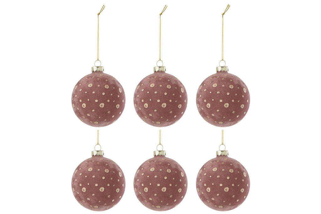 J-Line kerstbal Stippen - fluweel - lichtroze/goud - doos van 6