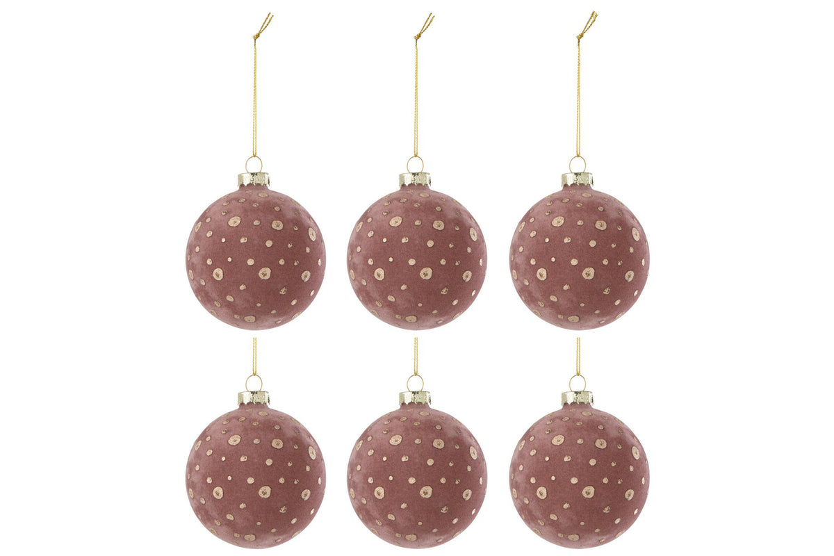 J-Line kerstbal Stippen - fluweel - lichtroze/goud - doos van 6