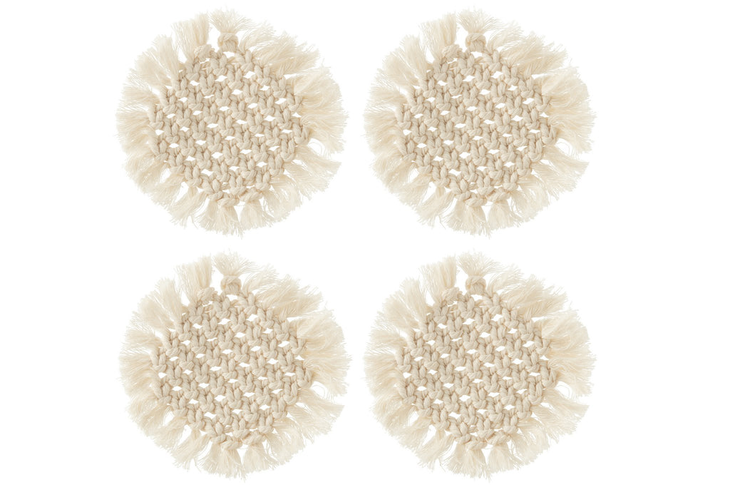J-Line onderzetter Rond Macramé - polyester - beige - 4 stuks