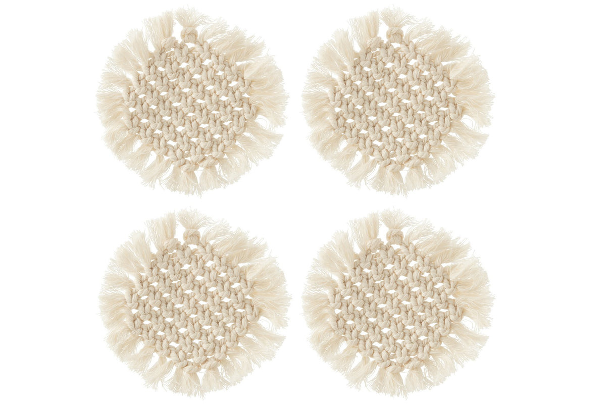 J-Line onderzetter Rond Macramé - polyester - beige - 4 stuks
