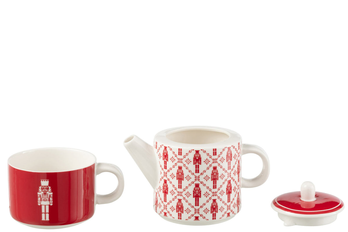 J-Line theepot + tas Notenkraker - keramiek - rood - giftbox